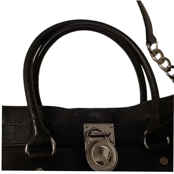 Michael Kors Black Saffiano Leather Hamilton Satchel Tote w/chain strap EUC - Picture 4 of 10